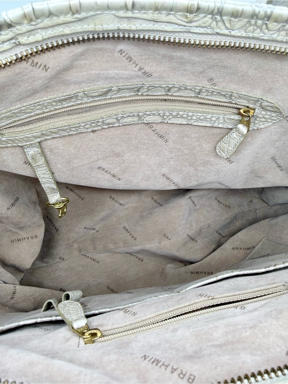 Brahmin Melbourne Croc Embossed Leather Tote Bag Linen Cream Gold - Picture 8 of 13
